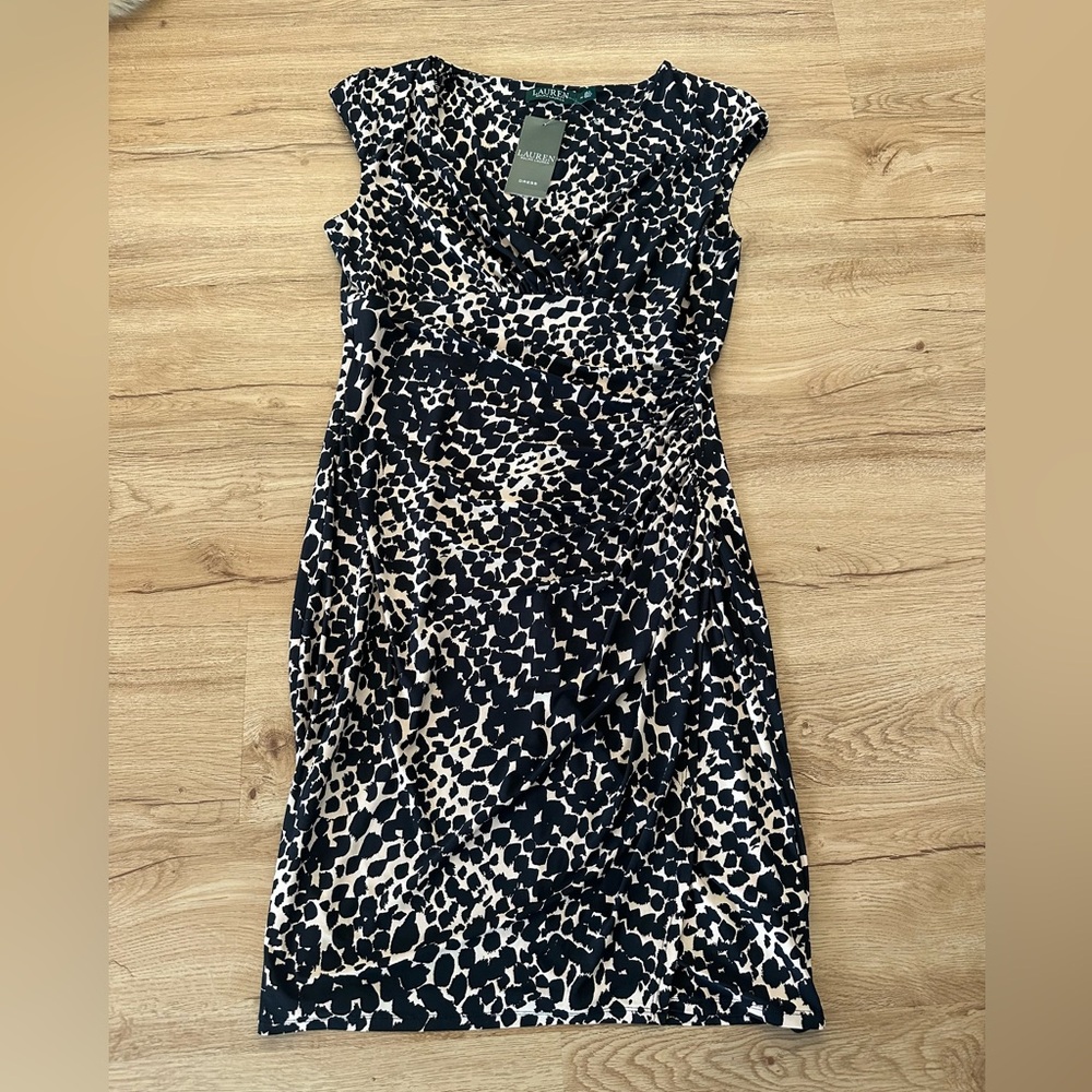Lauren Ralph Lauren Tan Black Animal Print Ruched Sheath Dress size 14 NWT